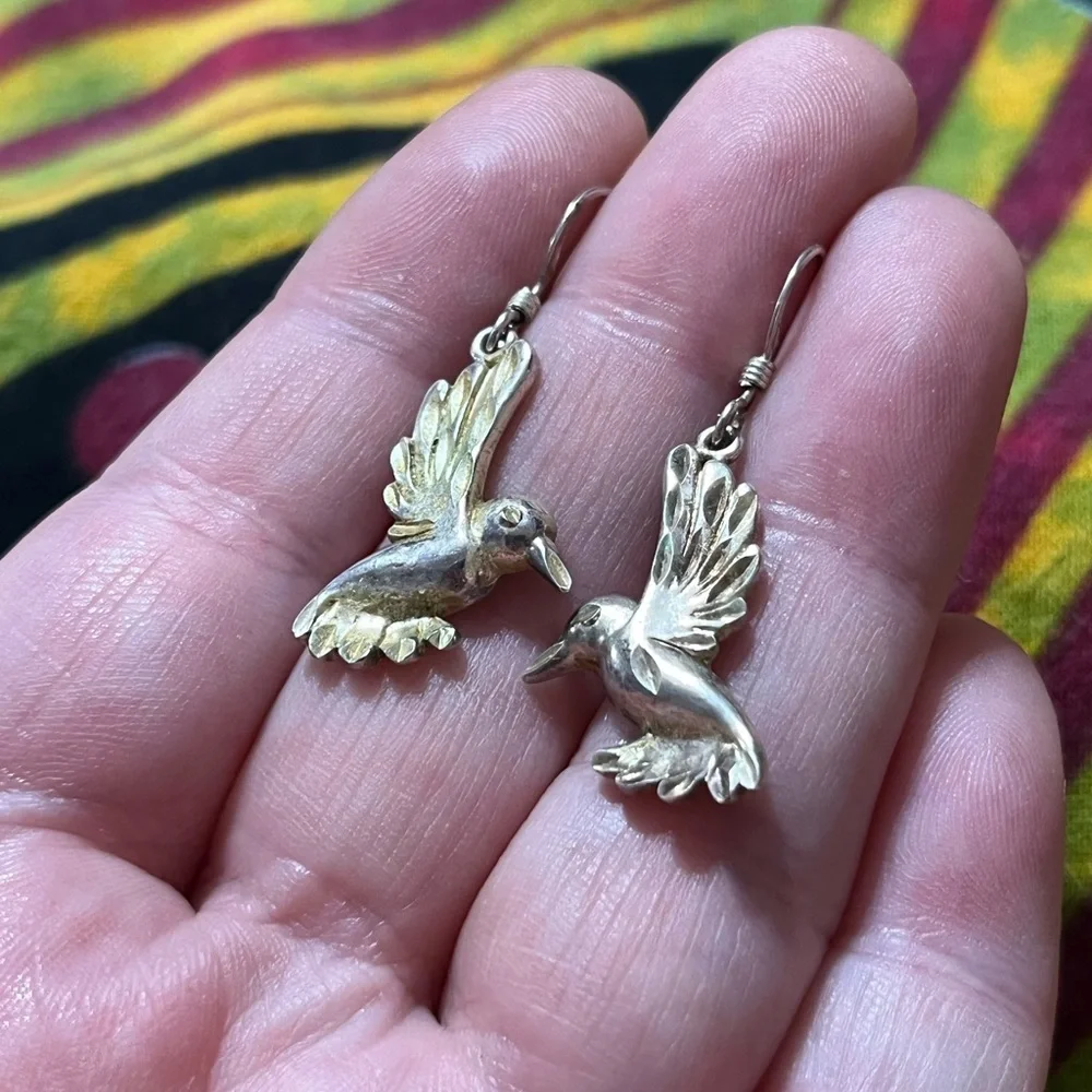 Vintage Cottagecore Hummingbird Sterling Silver 925 Dangle Pierced Earrings - Picture 3 of 6